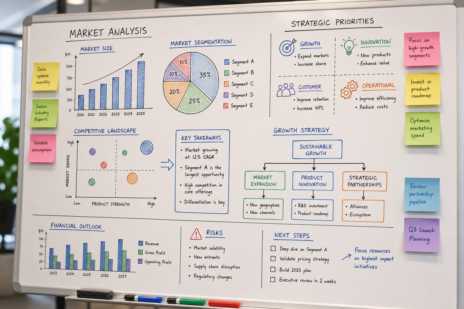 Strategy whiteboard with charts and planning notes