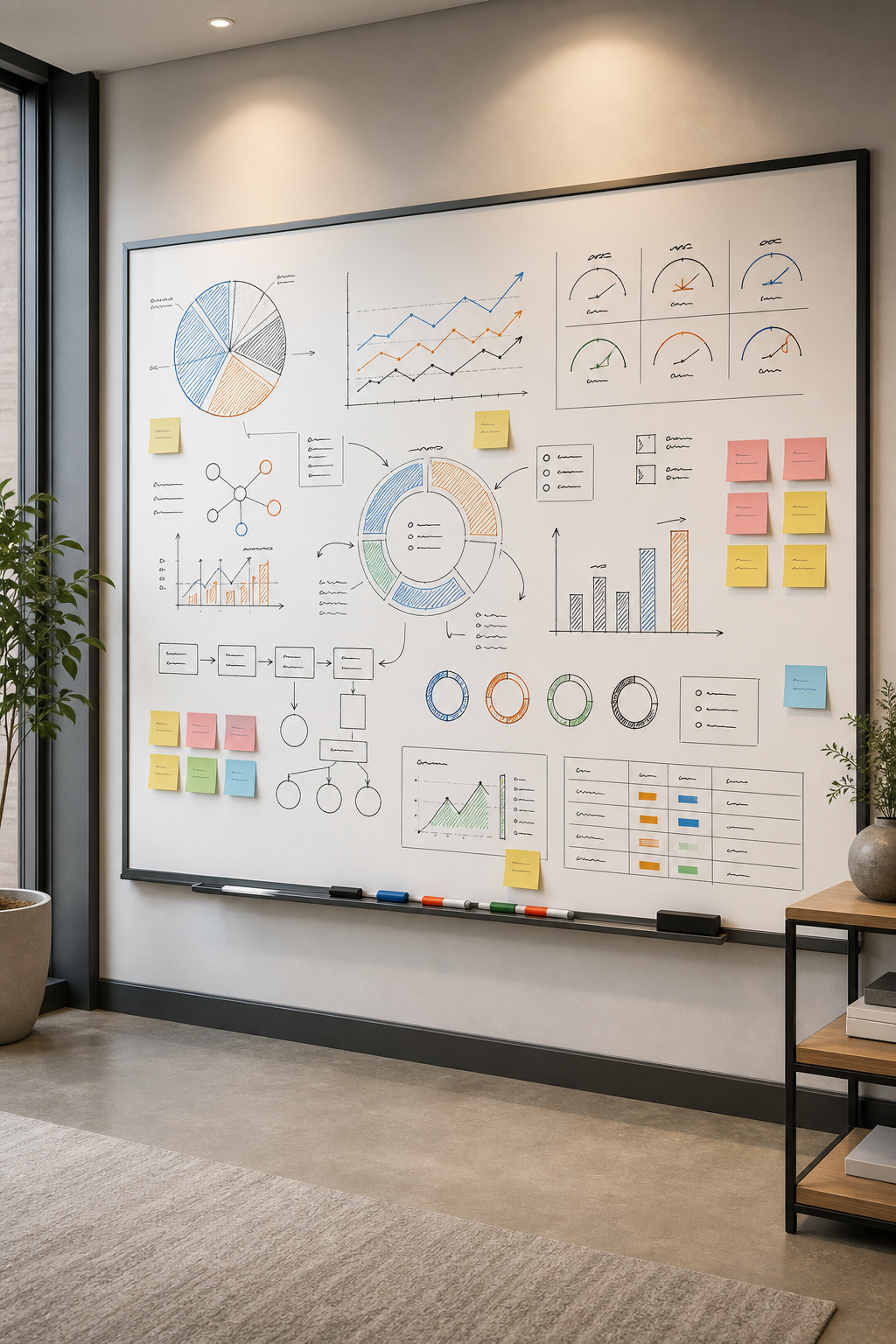 Business strategy whiteboard with charts and data