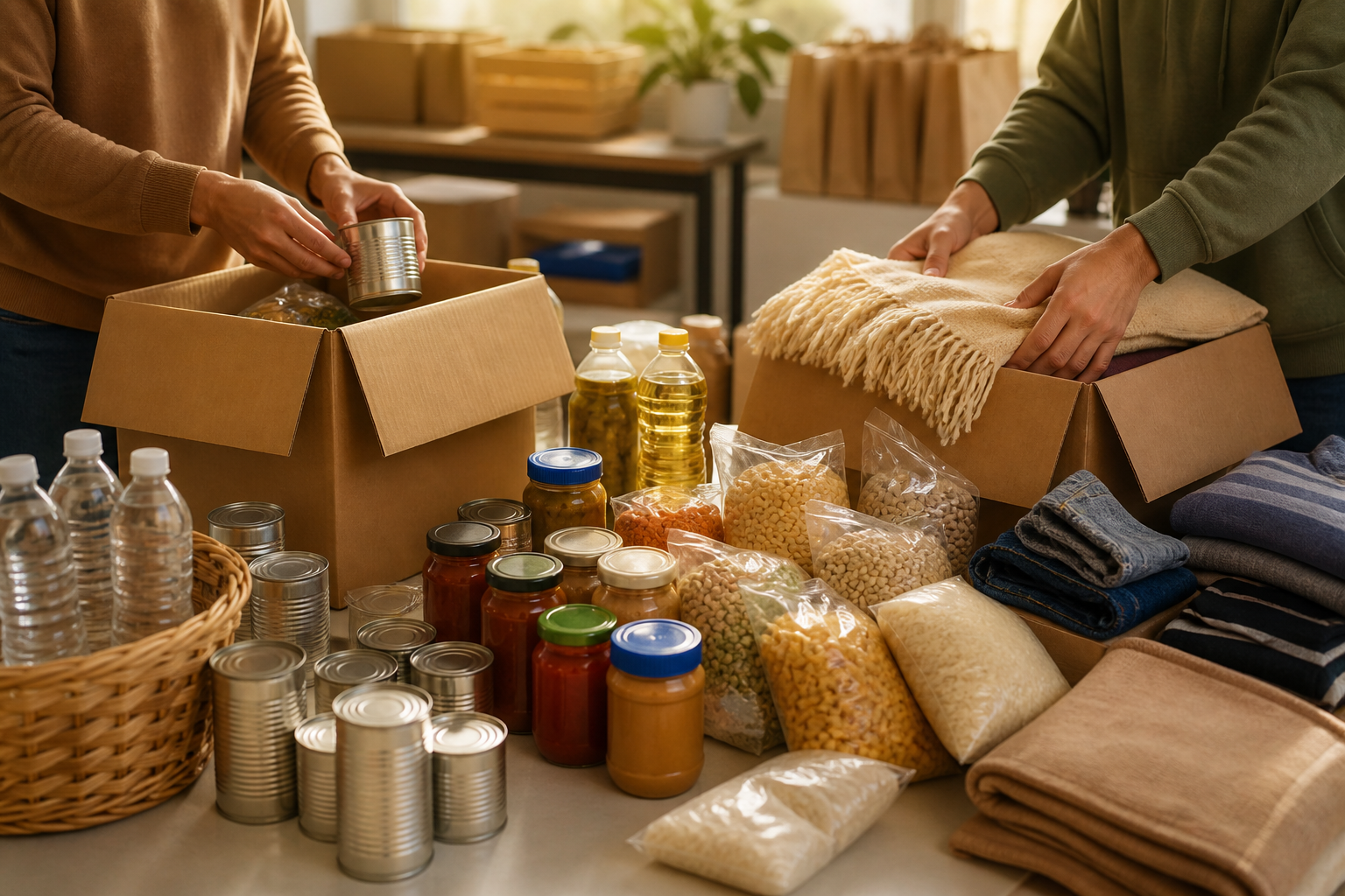 Community donation supplies organized for distribution